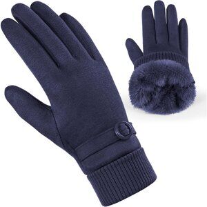 Women's Navy Winter Cold Weather Windproof Thermal Fleece Cuff Lined Gloves
